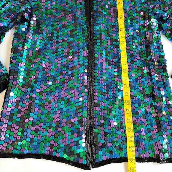 VTG Oleg Cassini All Over Sequin Silk Jacket Glam Evening Colorful Oversized M - Picture 14 of 15